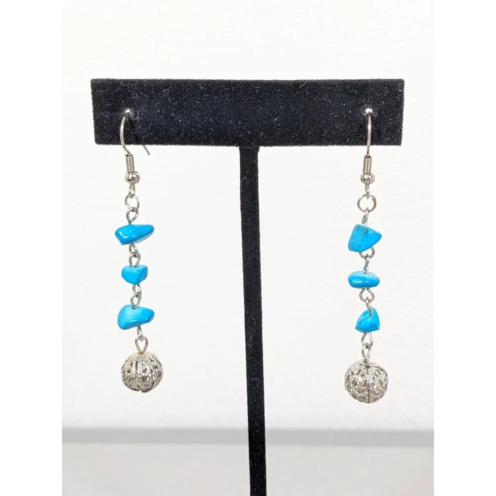 Beachy Coastal Blue Stone Chip Round Filigree‎ Ball Dangle Hook Earrings